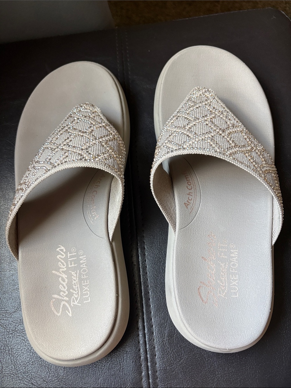 Skechers Women’s Taupe Beaded Slide Sandals